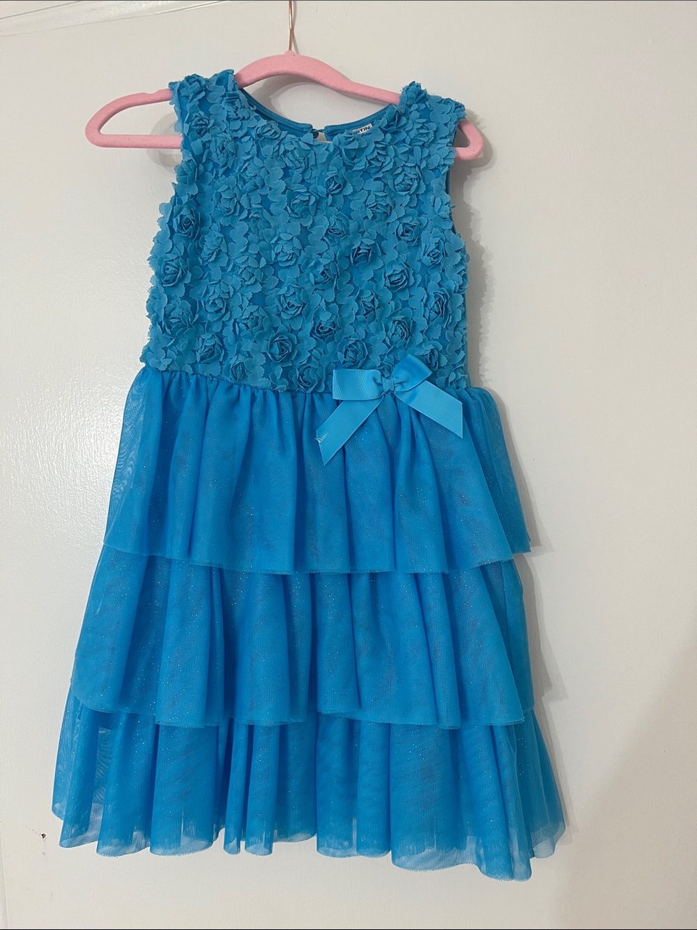 Girls Teal Blue Floral Applique Tiered Party Dress with Bow